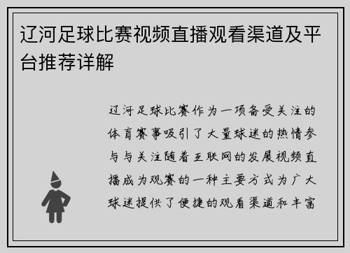 辽河足球比赛视频直播观看渠道及平台推荐详解