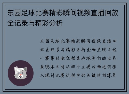 东园足球比赛精彩瞬间视频直播回放全记录与精彩分析